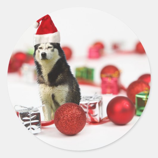 シベリアのハスキークリスマスとオーナメントギフトボックス ラウンドシール (正面)