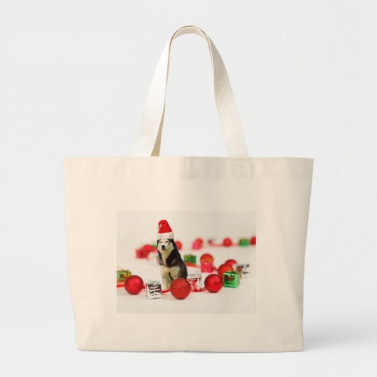 シベリアのハスキークリスマスとオーナメントギフトボックス ラージトートバッグ (正面)