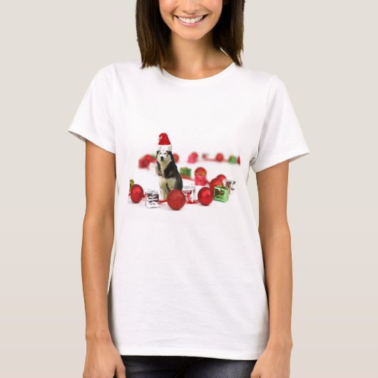 シベリアのハスキークリスマスとオーナメントギフトボックス Tシャツ (正面)