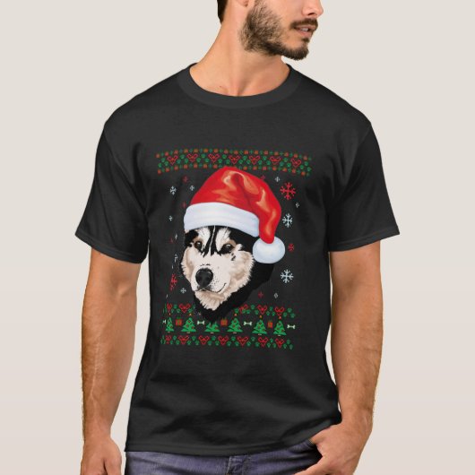 シベリアのハスキークリスマスサンタ醜いセーター犬T Tシャツ (正面)