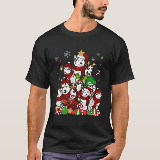 シベリアのハスキークリスマスツリーTシャツクリスマスギフトド Tシャツ (正面)