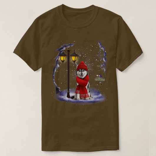 シベリアのハスキーサンタスノークリスマスのライト冬P Tシャツ (デザイン正面)