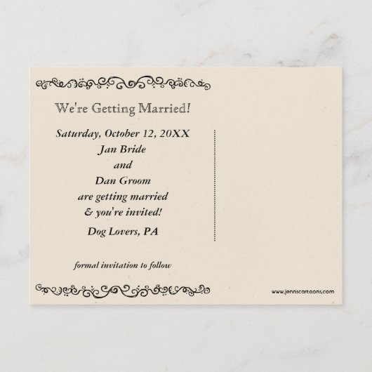 シベリアのハスキーシルエット結婚式の日付を保存 案内ポストカード (裏面)