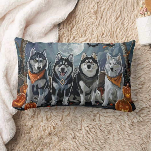 シベリアのハスキーハロウィン不気味 ランバークッション (ブランケット)