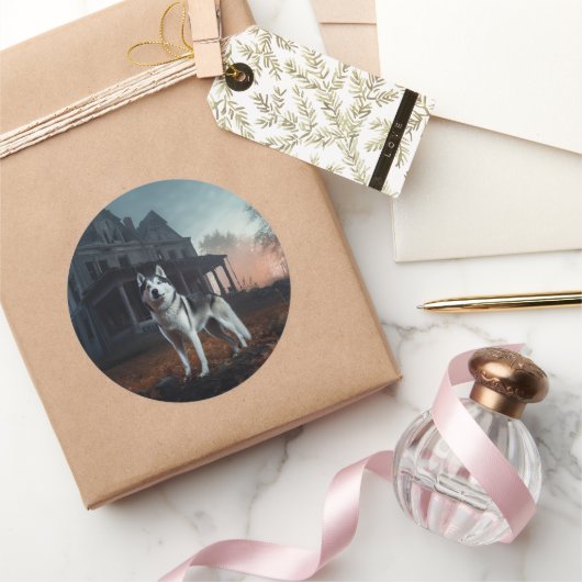 シベリアのハスキーハロウィーン怖い ラウンドシール (ギフト)