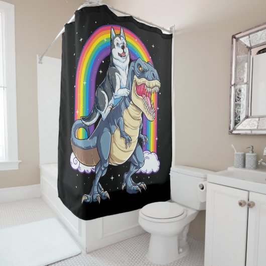 シベリアのハスキー乗り恐竜Tレックスギフトボーイズ シャワーカーテン (インサイチュ)