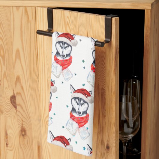 シベリアのハスキー犬がクリスマススターを育てる キッチンタオル (三つ折り)
