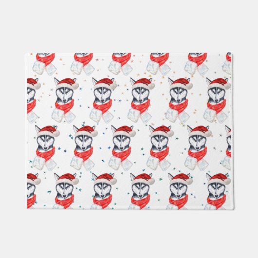 シベリアのハスキー犬がクリスマススターを育てる ドアマット (正面)