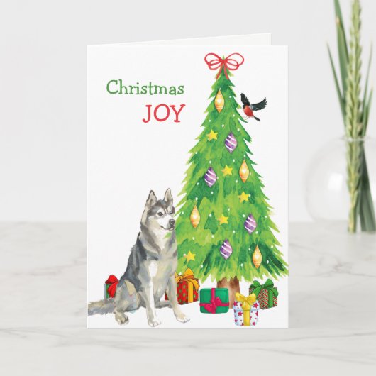 シベリアのハスキー犬とクリスマスツリー シーズンカード (正面)