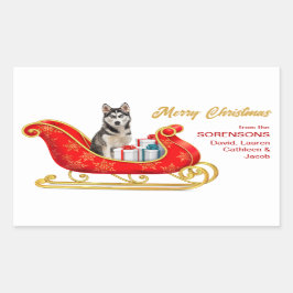 シベリアのハスキー犬のクリスマスそり 長方形シール