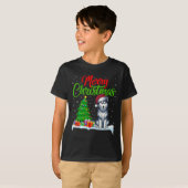 シベリアのハスキー犬のクリスマスツリーの光おもしろいクリスマス Tシャツ (正面フル)