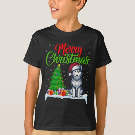 シベリアのハスキー犬のクリスマスツリーの光おもしろいクリスマス Tシャツ (正面)