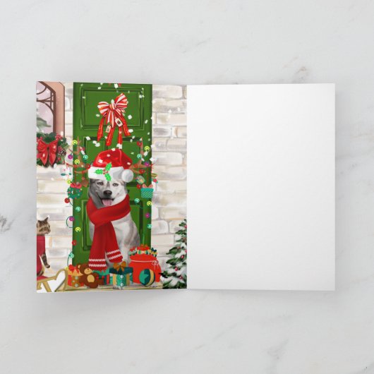 シベリアのハスキー犬のクリスマス折り返しグリーティングカード カード (内部)