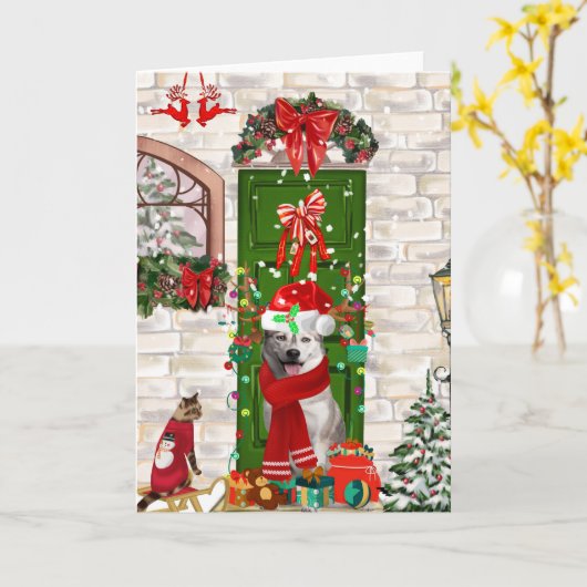 シベリアのハスキー犬のクリスマス折り返しグリーティングカード カード (黄色い花)