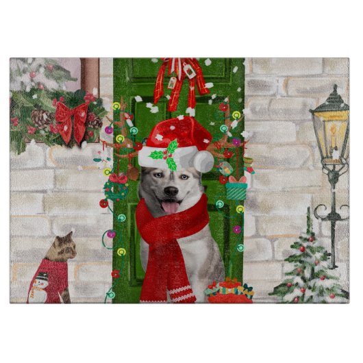 シベリアのハスキー犬のクリスマス カッティングボード (正面)