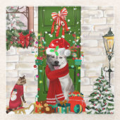 シベリアのハスキー犬のクリスマス ガラスコースター (正面)