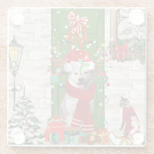 シベリアのハスキー犬のクリスマス ガラスコースター (裏面)