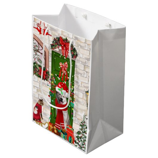 シベリアのハスキー犬のクリスマス ミディアムペーパーバッグ (正面アングル)