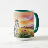 シベリアのハスキー犬の日の出 マグカップ (正面右)