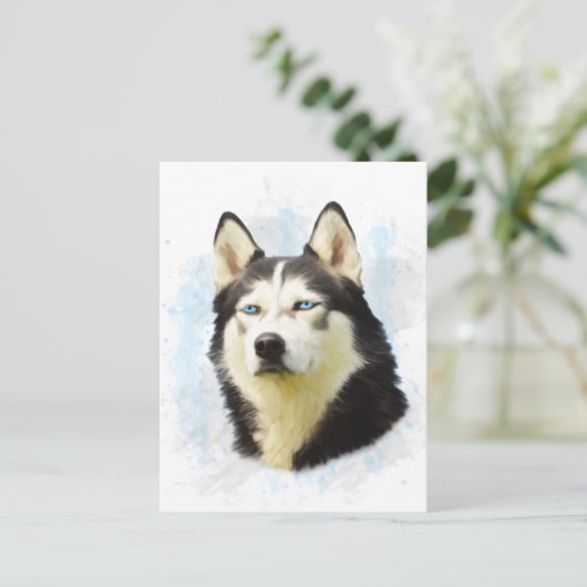 シベリアのハスキー犬の水の色のアー絵画ト ポストカード (スタンド正面)