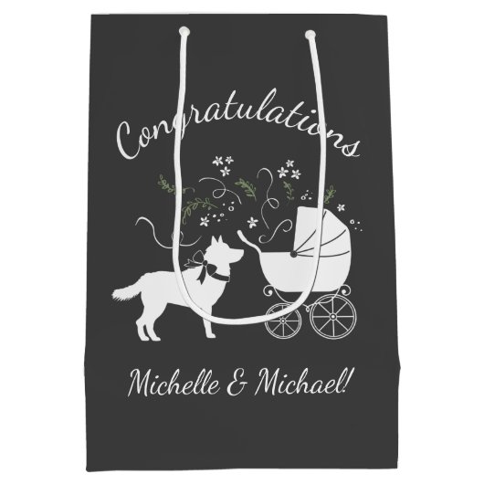 シベリアのハスキー犬の赤ちゃんシャワーパピーグレー ミディアムペーパーバッグ (裏面)