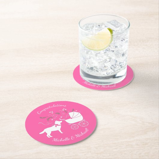 シベリアのハスキー犬の赤ちゃんシャワーパピーピンクガール ラウンドペーパーコースター (インサイチュ)