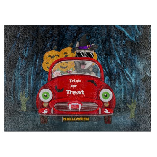 シベリアのハスキー犬の車の怖いハロウィーン カッティングボード (正面)