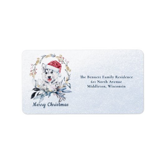 シベリアのハスキー犬の金ゴールドの葉クリスマスパーティー ラベル (正面)