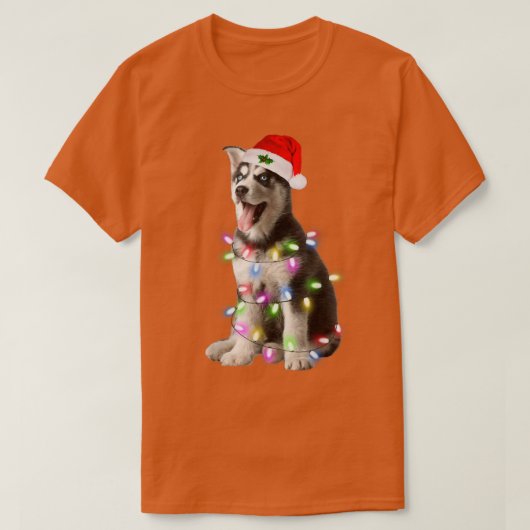 シベリアのハスキー犬サンタクリスマスツリー灯Xma Tシャツ (デザイン正面)