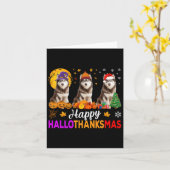 シベリアのハスキー犬ハロウィンクリスマスハロ感謝 カード (黄色い花)