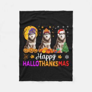 シベリアのハスキー犬ハロウィンクリスマスハロ感謝 フリースブランケット