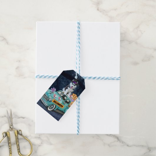 シベリアのハスキー犬ハロウィントラック怖い夜 ギフトタグ (より糸付き)