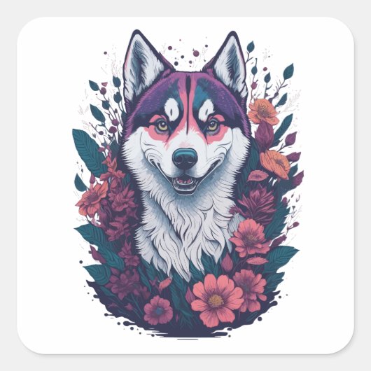 シベリアのハスキー犬 スクエアシール (正面)