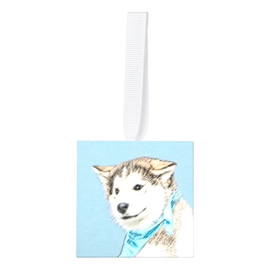 シベリアのハスキー絵画パピーの子犬 – オリジナルドッグアート キューブオーナメント (正面)