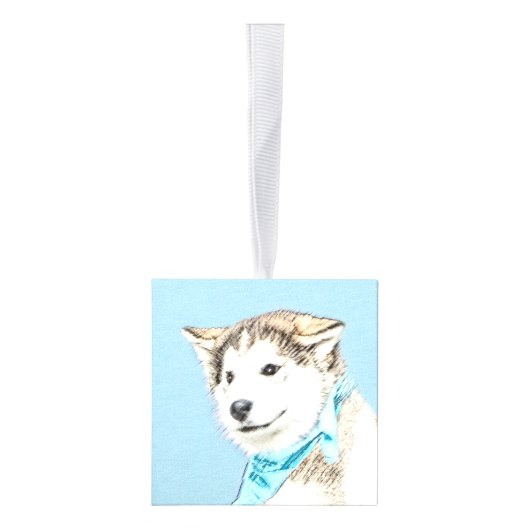 シベリアのハスキー絵画パピーの子犬 – オリジナルドッグアート キューブオーナメント (右)