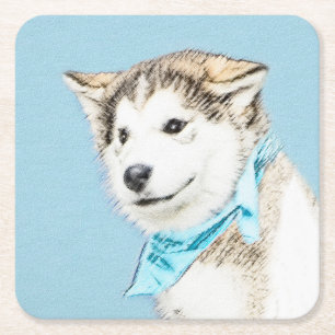 シベリアのハスキー絵画パピーの子犬 – オリジナルドッグアート スクエアペーパーコースター