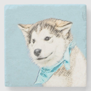 シベリアのハスキー絵画パピーの子犬 – オリジナルドッグアート ストーンコースター