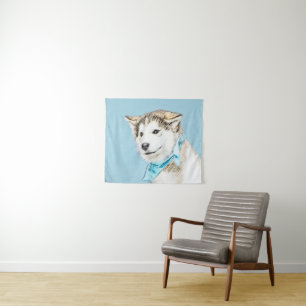 シベリアのハスキー絵画パピーの子犬 – オリジナルドッグアート タペストリー