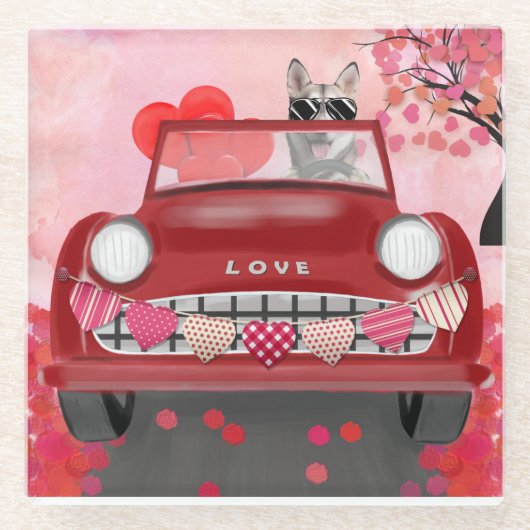 シベリアのハスキー車とハートバレンタイン ガラスコースター (正面)