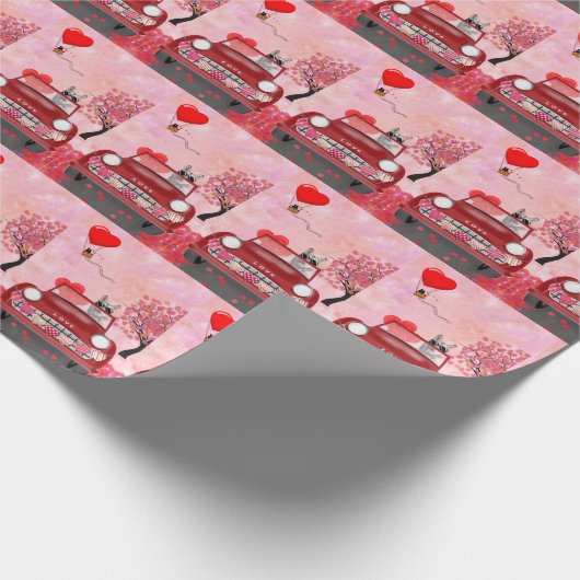 シベリアのハスキー車とハートバレンタイン ラッピングペーパー (角)