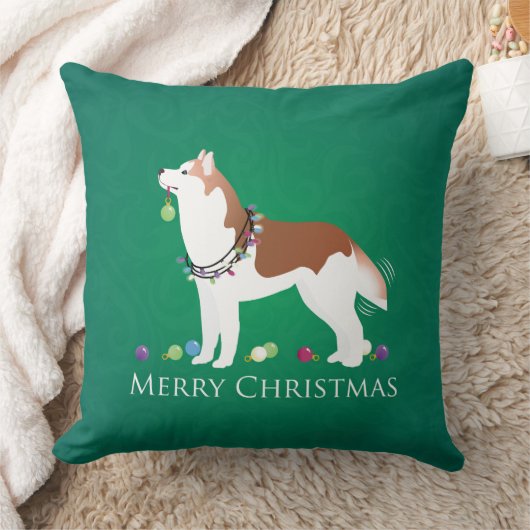シベリアのハスキー – 赤 – メリークリスマスデザイン クッション (ブランケット)