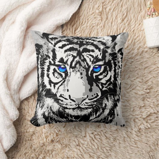 シベリアのホワイトタイガーヘッド – タイガーブルーアイズスロー クッション (ブランケット)