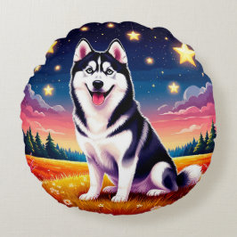 シベリアよくはしゃぐハスキー ラウンドクッション