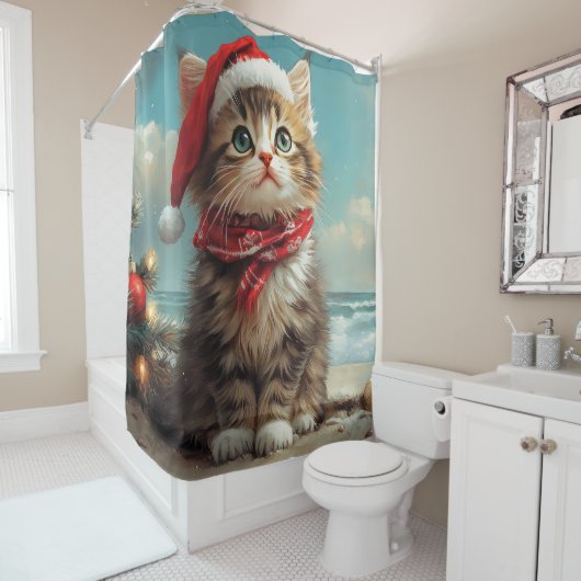 シベリアキャットクリスマスヴィンテージビーチ シャワーカーテン (インサイチュ)