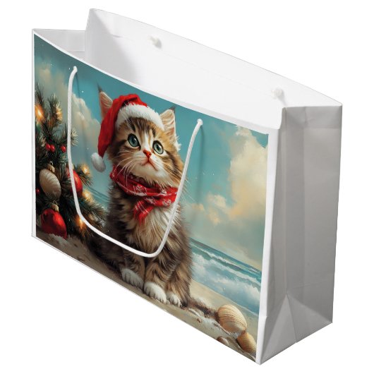 シベリアキャットクリスマスヴィンテージビーチ ラージペーパーバッグ (正面アングル)