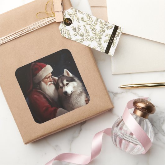 シベリアハスキーとサンタクロースフェスティバルクリスマス スクエアシール (ギフト)