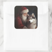 シベリアハスキーとサンタクロースフェスティバルクリスマス スクエアシール (バッグ)