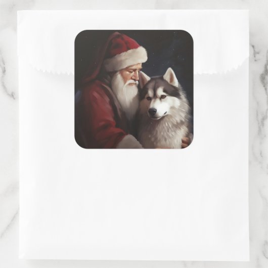 シベリアハスキーとサンタクロースフェスティバルクリスマス スクエアシール (バッグ)