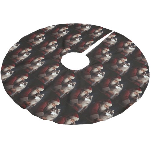 シベリアハスキーとサンタクロースフェスティバルクリスマス ブラッシュドポリエステルツリースカート (アングル)