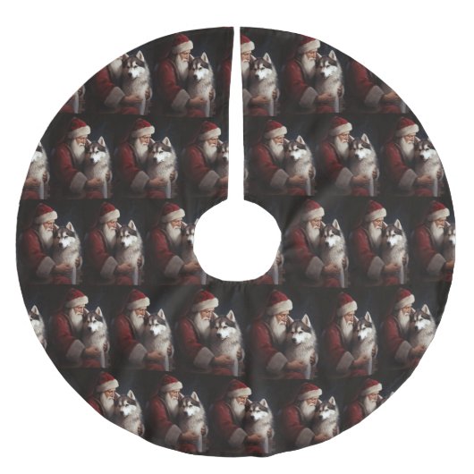 シベリアハスキーとサンタクロースフェスティバルクリスマス ブラッシュドポリエステルツリースカート (正面)